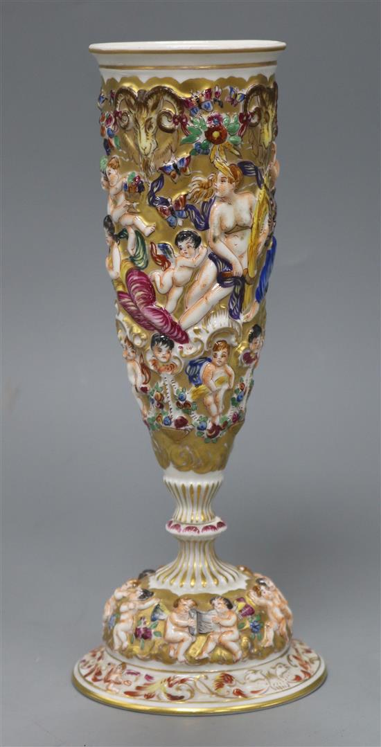A Capo di Monte vase on stand, decorated with cherubs height 24cm